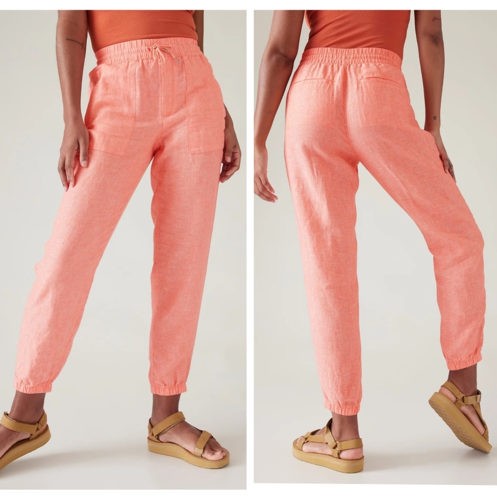 Athleta Retreat Linen Joggers sunset glow pink coral